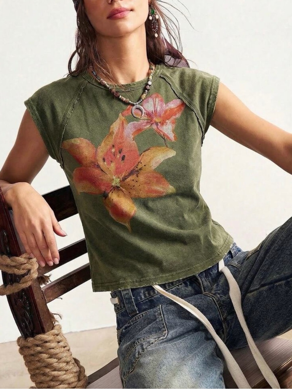 Olive Floral Graphic Muscle Tee - Women's Top